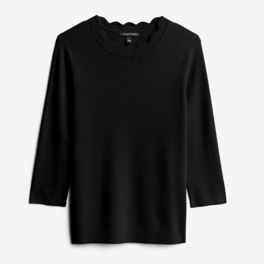 41 Hawthorn Seena Scalloped 3/4 Sleeve Fitted Sweater, Black, Medium Petite